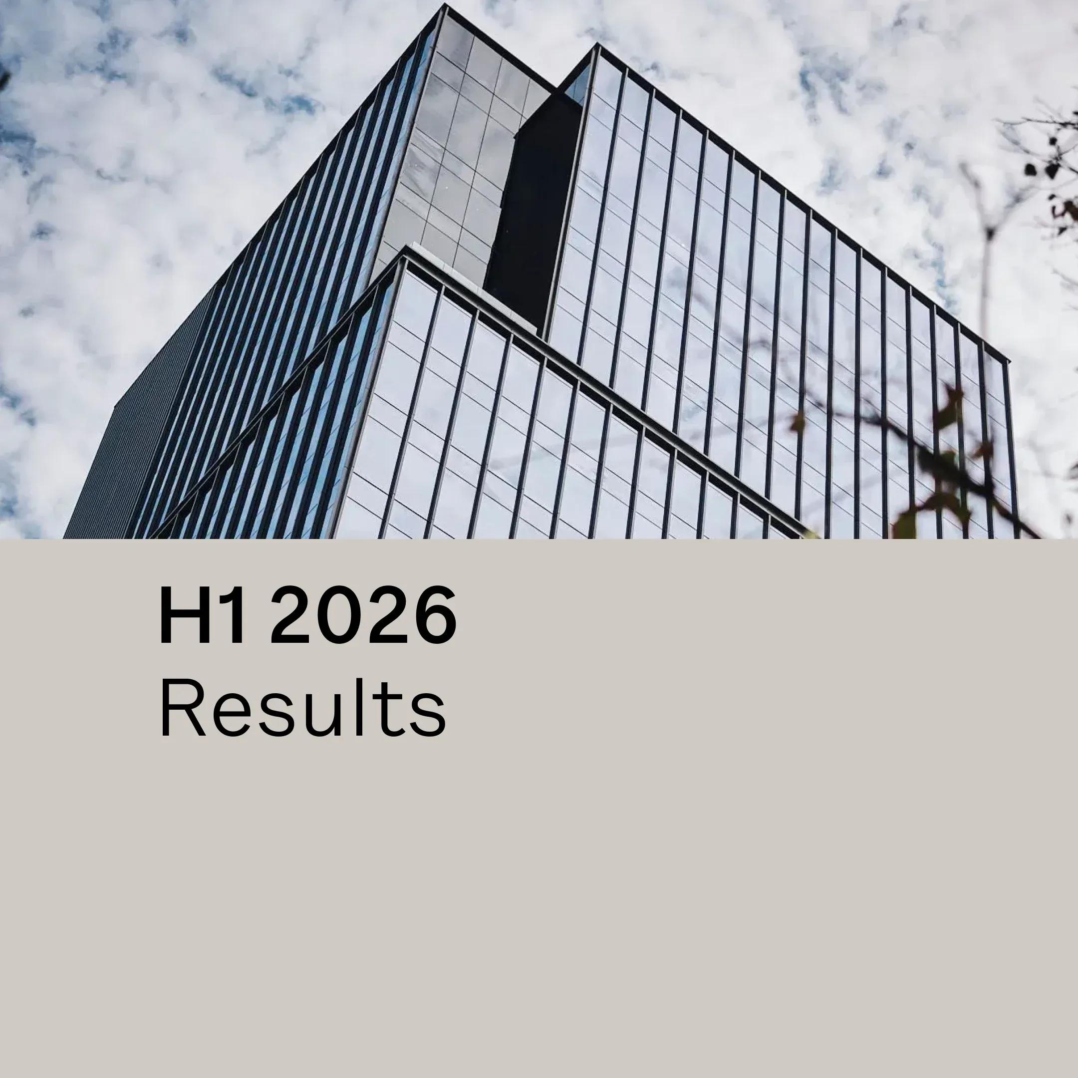 "H1 2026 Results" cover with an angled view of a building facade against the sky